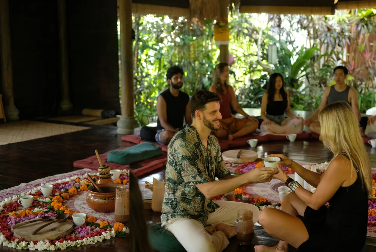 A ceremonial cacao circle held by an InnerCamp facilitator