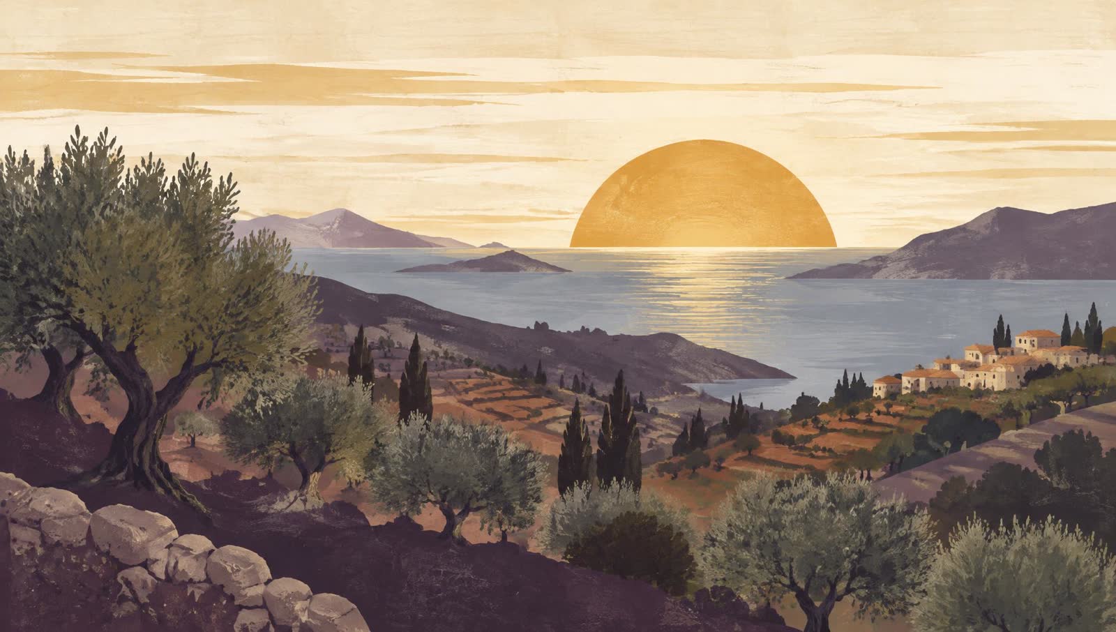 Original illustration of a Mediterranean horizon at first light above Málaga
