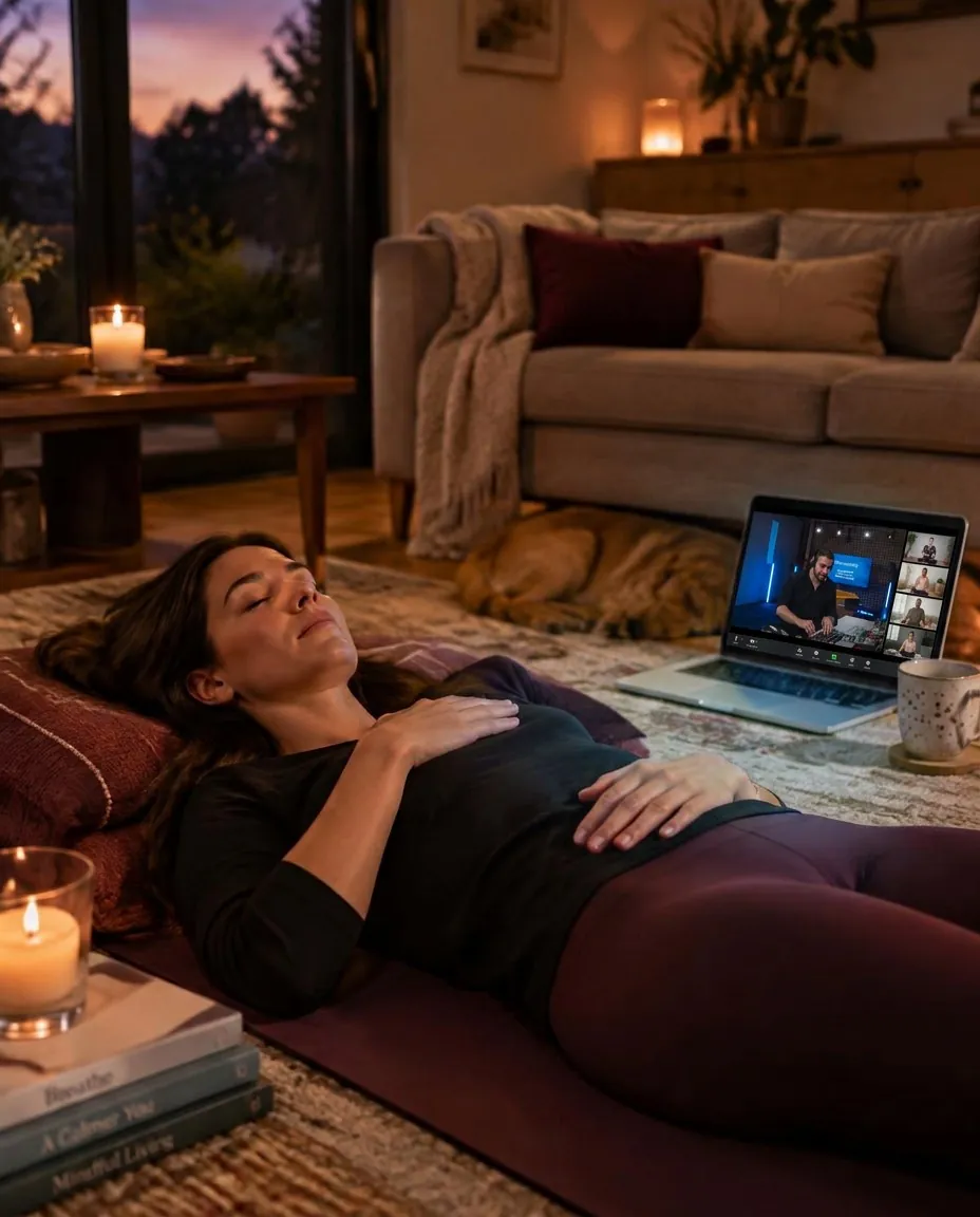 A woman doing a guided breathwork session at home, following along on her laptop