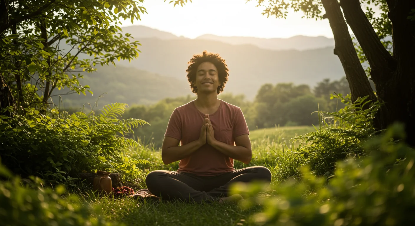 A person sitting in a serene environment, eyes closed, practicing deep breathwork.