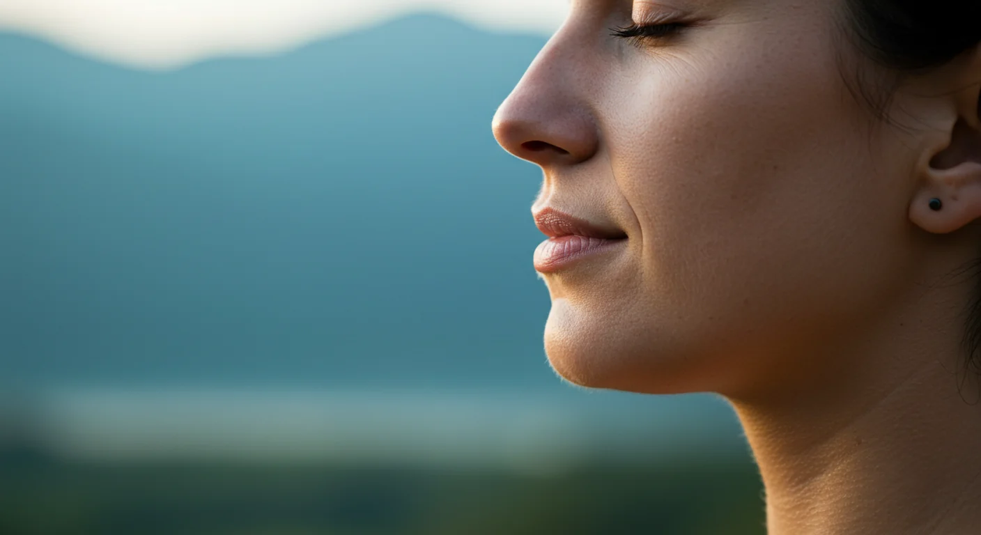 A close-up of a person practicing deep breathing.
